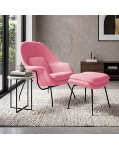 Poltrona Womb Chair com Puff Linho Base Preta Linha Premium Sala Quarto Leitura Moderna Luxo - Rosa