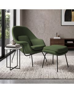 Poltrona Womb Chair com Puff Linho Base Preta Linha Premium Sala Quarto Leitura e Descanso - Verde
