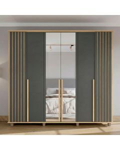 Roupeiro França Ripado 6 Portas 3 Gavetas com Espelho e Nichos para Quarto - Cinamomo/grafite