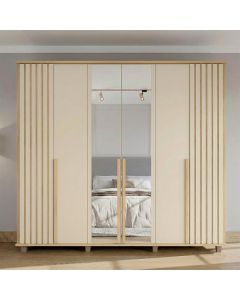 Guarda Roupa França Ripado 6 Portas 3 Gavetas com Espelho e Maleiros Casal - Cinamomo/off White