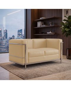 Sofá Le Corbusier 2 Lugares Couro Natural Linha Premium Design Atemporal Sala Moderna Luxo - Bege