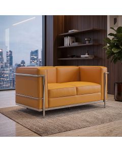 Sofá Le Corbusier 2 Lugares Couro Natural Linha Premium Decorativo Sala Recepção Luxo - Caramelo