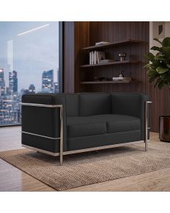 Sofá Le Corbusier 2 Lugares Couro Natural Linha Premium Design Clássico Sala Escritório - Preto