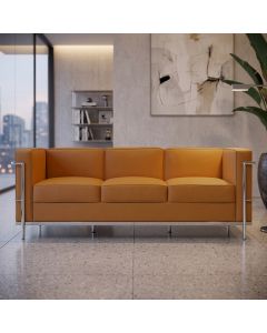 Sofá Le Corbusier 3 Lugares Couro Sintético Linha Premium Decorativo Sala Recepção Luxo - Caramelo